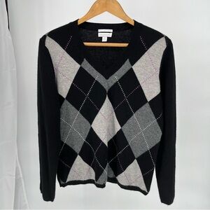 Charter Club Womens 100% Cashmere Argyle Sweater Size XL V-Neck Black Gray